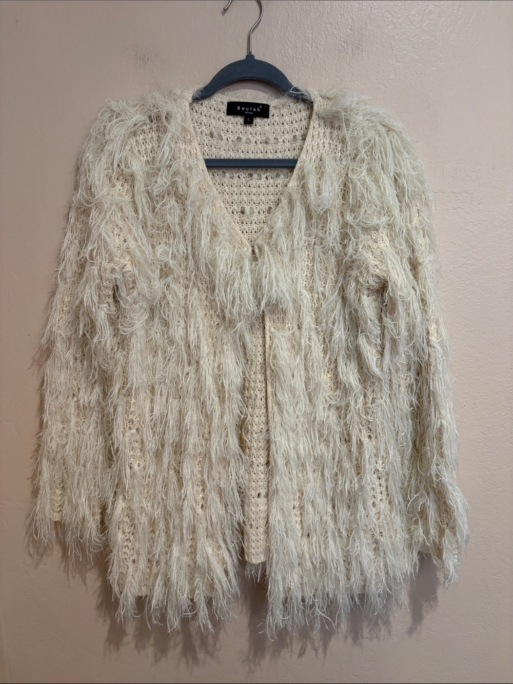 Beulah Snowy Cream Eyelash V-neck Sweater, Middle Clasp Closure, Fuzzy Winter, L